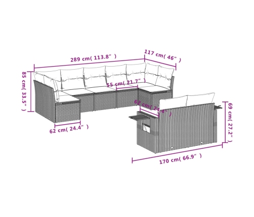 Set de muebles de jardín 9 pzas y cojines ratán sintético gris