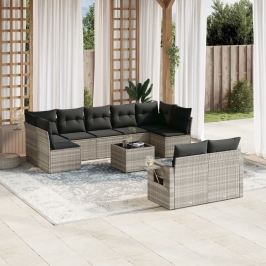 Set sofás jardín 10 pzas con cojines ratán sintético gris claro
