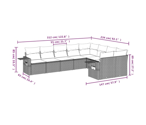 Set de muebles de jardín 9 pzas y cojines ratán sintético gris