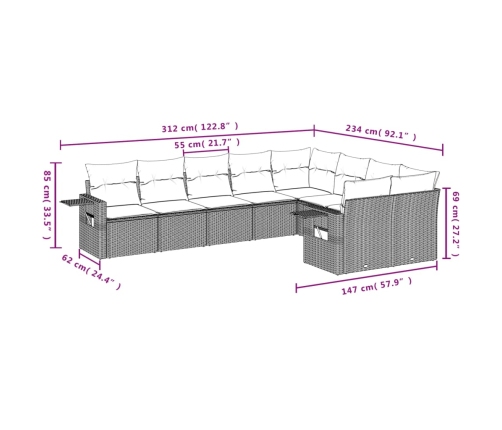 Set muebles jardín 9 pzas y cojines ratán sintético gris claro