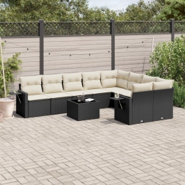 Set de sofás de jardín 10 pzas cojines ratán sintético negro