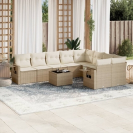 Juego de sofás jardín con cojines beige 10 pzas ratán sintético