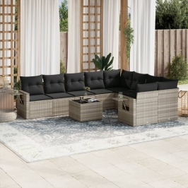 Set sofás jardín 10 pzas con cojines ratán sintético gris claro