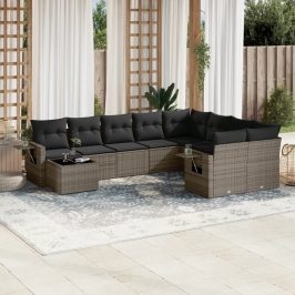 Set de sofás de jardín 10 pzas con cojines ratán sintético gris