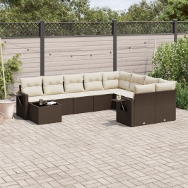 Set de sofás de jardín 10 pzas y cojines ratán sintético marrón