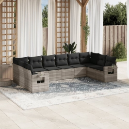 Set sofás jardín 10 pzas con cojines ratán sintético gris claro