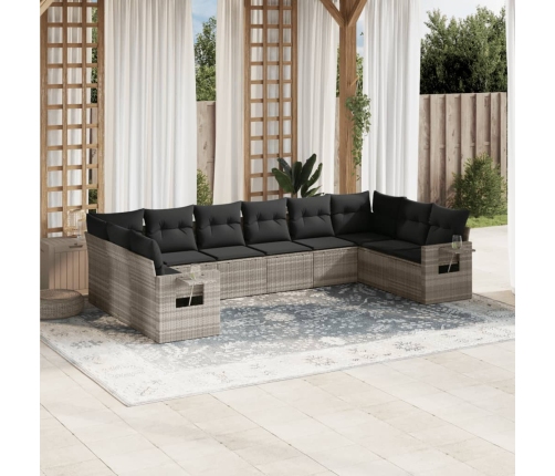 Set sofás jardín 10 pzas con cojines ratán sintético gris claro