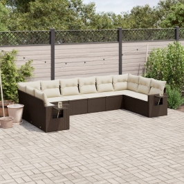 Set de sofás de jardín 10 pzas y cojines ratán sintético marrón