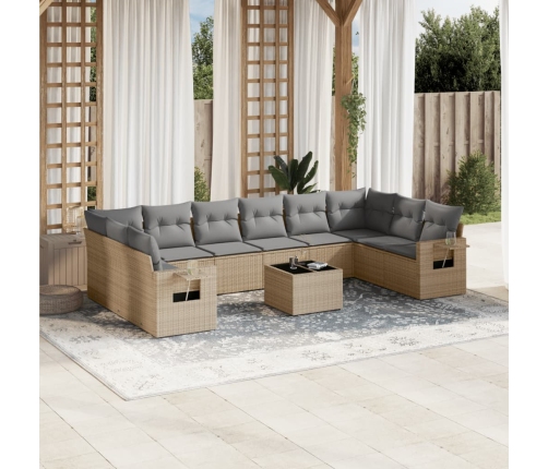 Set de sofás de jardín 11pzas con cojines ratán sintético beige