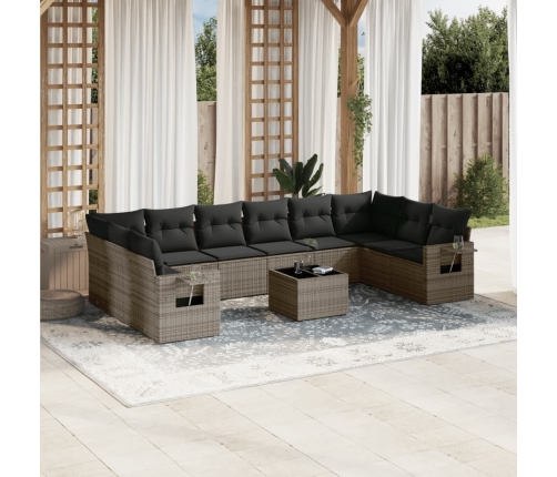 Set de sofás de jardín 11 pzas y cojines ratán sintético gris