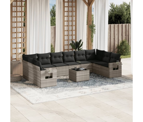 Set de sofás de jardín 11 pzas y cojines ratán sintético gris