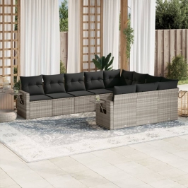 Set sofás jardín 10 pzas con cojines ratán sintético gris claro