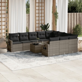 Set de sofás de jardín 11 pzas y cojines ratán sintético gris