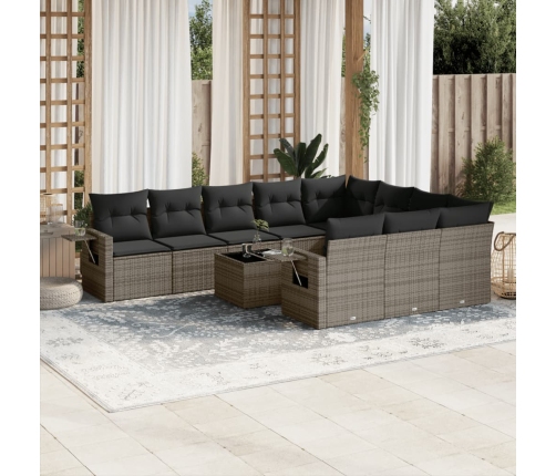 Set de sofás de jardín 11 pzas y cojines ratán sintético gris