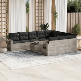 Set de sofás de jardín 11 pzas y cojines ratán sintético gris