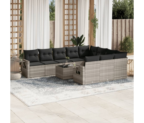 Set de sofás de jardín 11 pzas y cojines ratán sintético gris