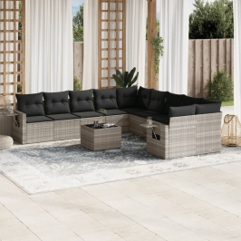 Set de sofás de jardín 11 pzas y cojines ratán sintético gris