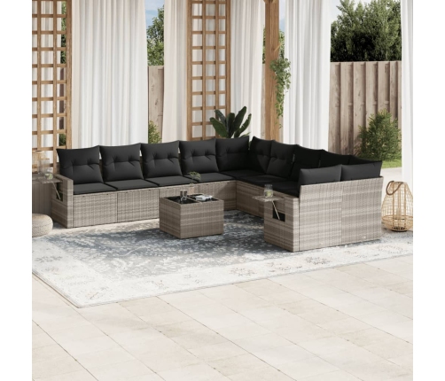 Set de sofás de jardín 11 pzas y cojines ratán sintético gris