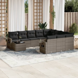 Set de sofás de jardín 11 pzas y cojines ratán sintético gris