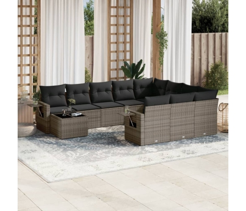 Set de sofás de jardín 11 pzas y cojines ratán sintético gris