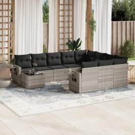 Set de sofás de jardín 11 pzas y cojines ratán sintético gris