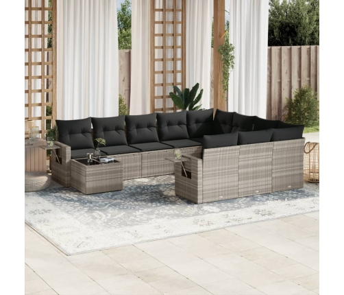 Set de sofás de jardín 11 pzas y cojines ratán sintético gris