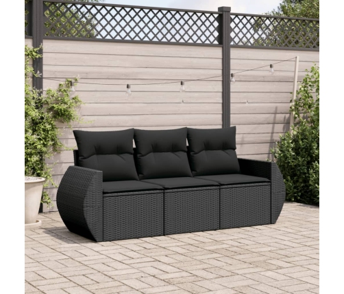 Set de sofás de jardín con cojines 3 pzas ratán sintético negro