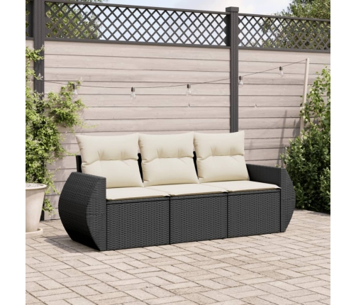 Set de sofás de jardín con cojines 3 pzas ratán sintético negro