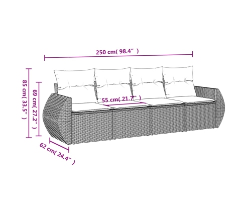 Set de sofás de jardín 4 pzas y cojines ratán sintético gris