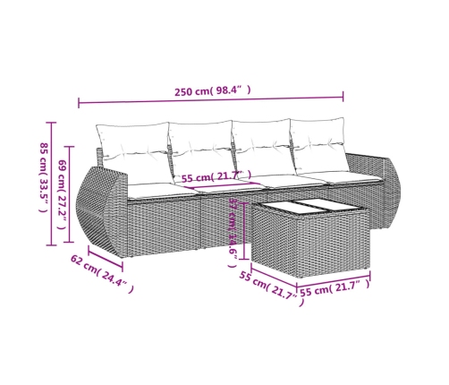 Set comedor de jardín 5 piezas y cojines ratán sintético marrón