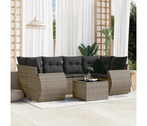 Set de sofás de jardín 7 piezas con cojines ratán PE gris