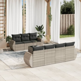 Set de sofás de jardín 8 pzas y cojines ratán sintético gris