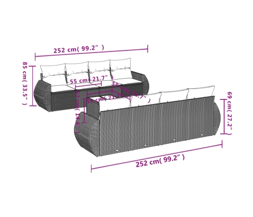 Set muebles jardín 9 pzas y cojines ratán sintético gris claro