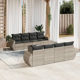 Set muebles jardín 9 pzas y cojines ratán sintético gris claro