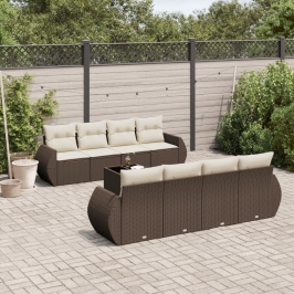 Set de sofás de jardín 9 pzas y cojines ratán sintético marrón