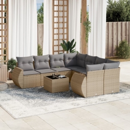 Set de sofás de jardín 9 pzas con cojines ratán sintético beige