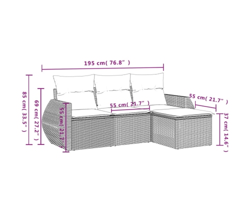 Set de sofás de jardín 4 pzas y cojines ratán sintético gris