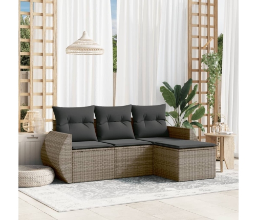 Set de sofás de jardín 4 pzas y cojines ratán sintético gris