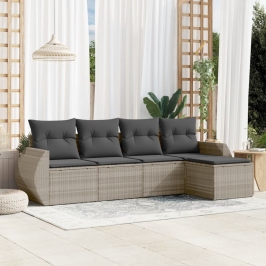 Set de sofás jardín y cojines 5 pzas ratán sintético gris claro