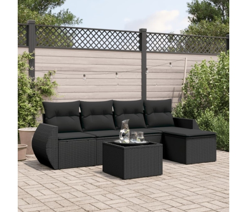 Set de sofás de jardín 6 piezas y cojines ratán sintético negro