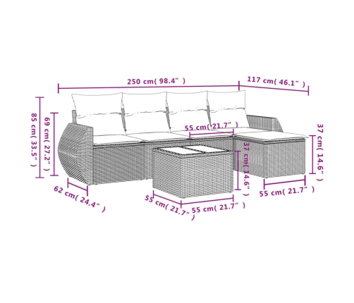 Set sofás de jardín 6 piezas y cojines ratán sintético marrón