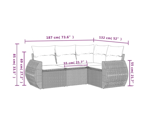 Set de sofás de jardín 4 pzas y cojines ratán sintético gris