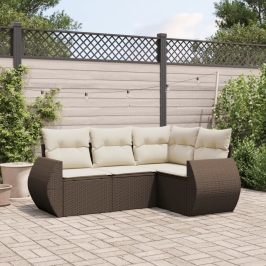 Set de sofás de jardín 4 pzas y cojines ratán sintético marrón