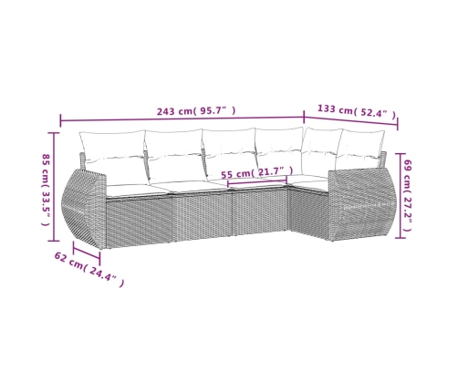 Set comedor de jardín 5 piezas y cojines ratán sintético marrón