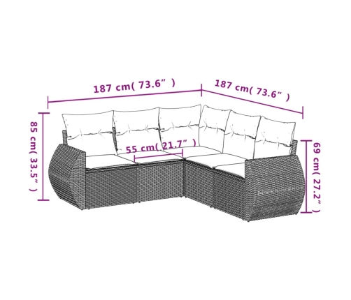 Set comedor de jardín 5 piezas y cojines ratán sintético marrón