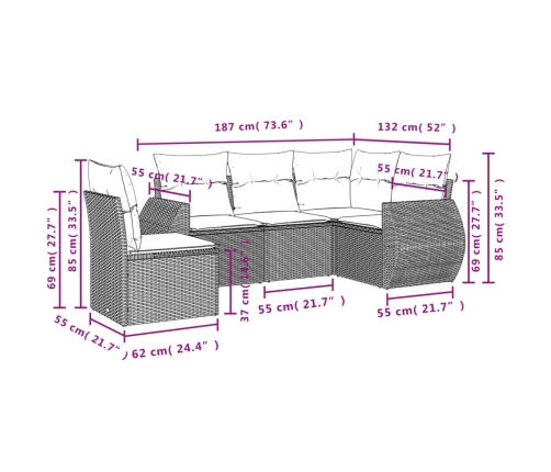Set de muebles de jardín 5 pzas y cojines ratán sintético negro