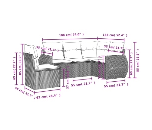 Set comedor de jardín 5 piezas y cojines ratán sintético marrón