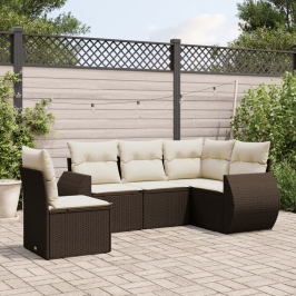 Set comedor de jardín 5 piezas y cojines ratán sintético marrón