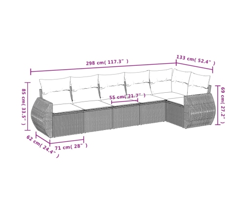 Set de sofás de jardín 6 pzas y cojines ratán sintético gris