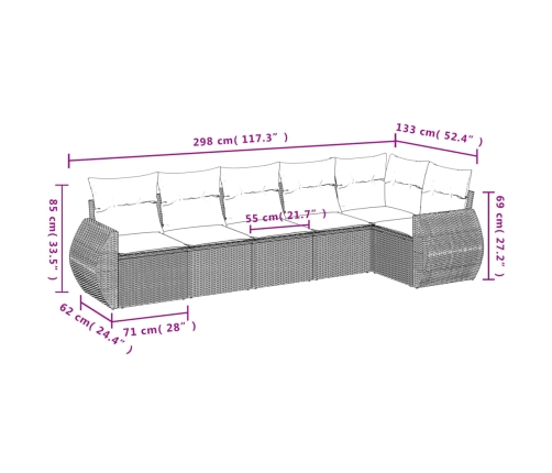 Set sofás de jardín 6 piezas y cojines ratán sintético marrón